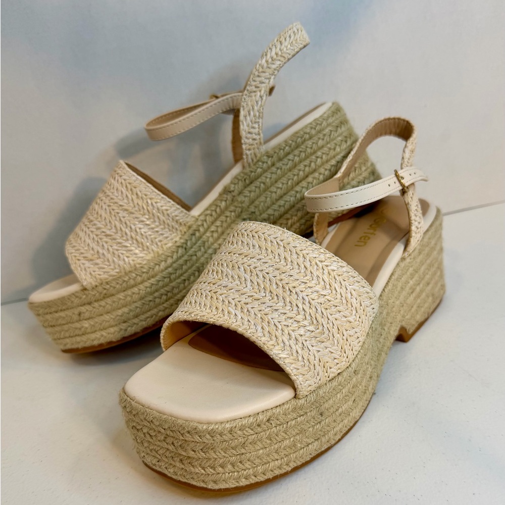 Boho Espadrille Platform Wedge Sandals Cream Ankle Strap Summer Vacation Size 9